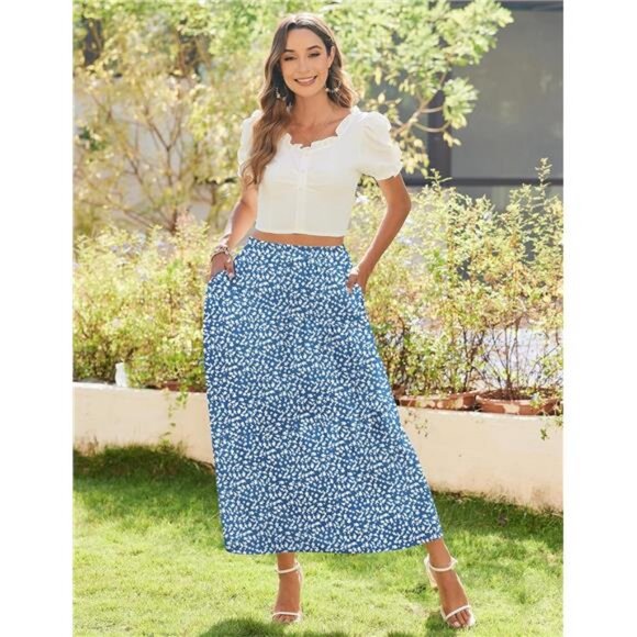 Women's Midi Summer 2025 Boho Elastic High Waist A-Line Flowy Swing Asymmetric - Picture 5 of 7